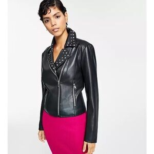 Bar III Studded Faux Leather Moto Jacket XL NWT Black Zip Biker Style Macy's